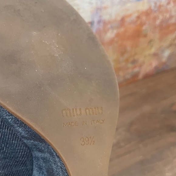 MIU MIU Peep Toe Blue Denim Wedge Heels w/Leather Bow - Picture 7 of 13